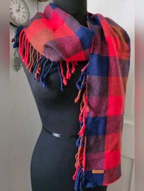 Coach Red, Navy & Brown Plaid Fringe Scarf